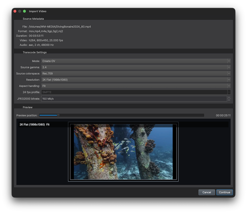 DaCaPo video import and JPEG2000 transcode window
