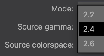 DaCaPo Source Gamma menu showing 2.2, 2.4, and 2.6