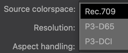 DaCaPo Source Colour Space menu showing Rec.709, P3-D65, and P3-DCI