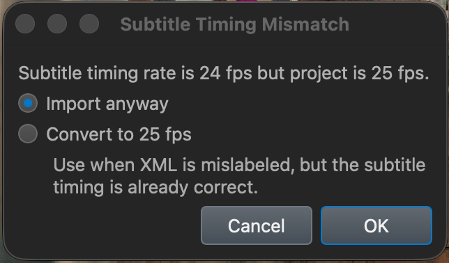 Subtitle frame-rate mismatch dialog during XML import in DaCaPo