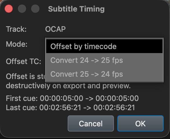 Subtitle Timing controls in the DaCaPo Subtitles tab