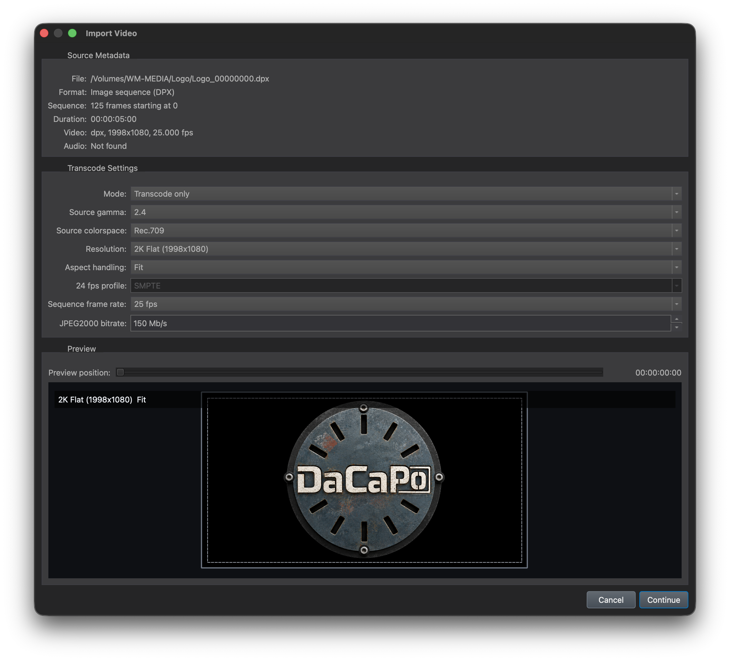 Imported image sequence in the DaCaPo project