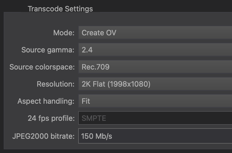 DaCaPo Import Video window with Create OV, gamma, colour space, resolution, aspect handling, profile, frame rate, and JPEG2000 bitrate settings