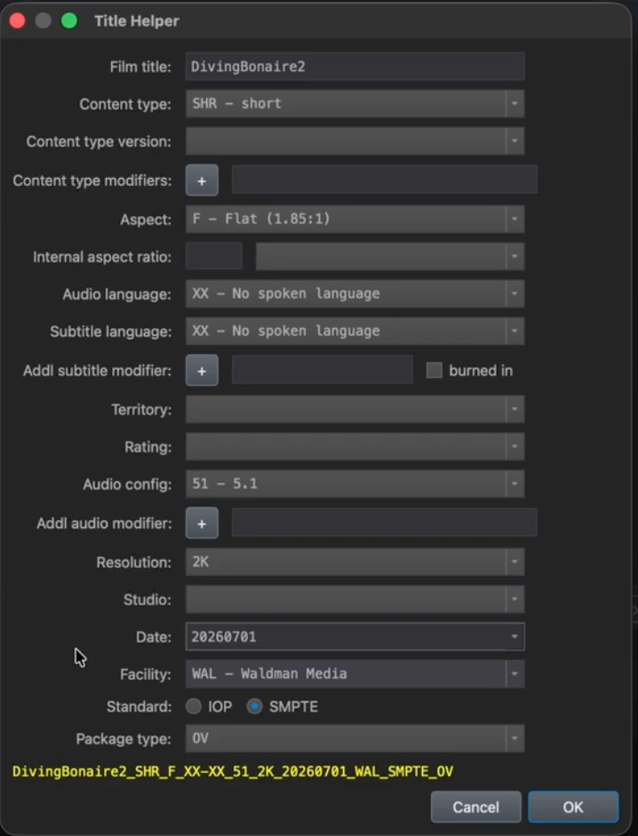 DaCaPo Title Helper showing ISDCF package naming fields