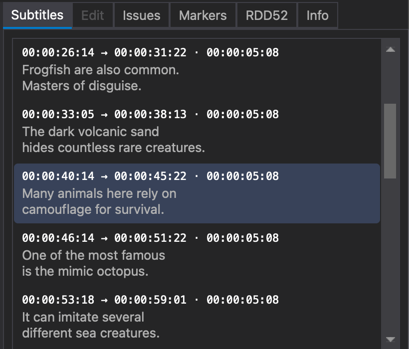 Subtitles tab in DaCaPo showing the subtitle list