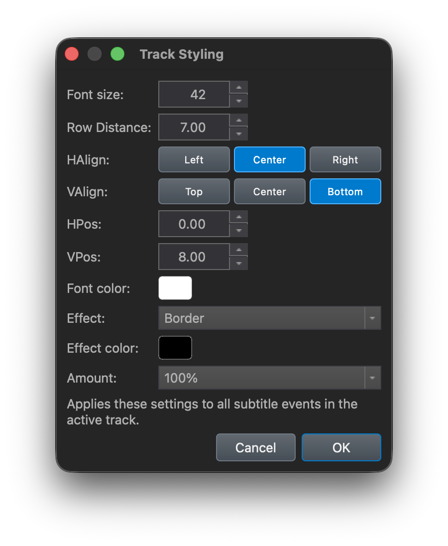 Subtitle styling controls for the active subtitle track in DaCaPo