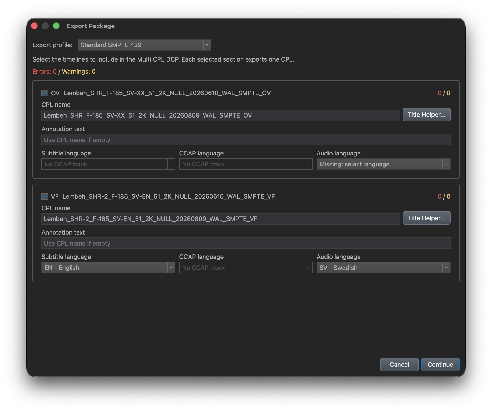 Export Package window in DaCaPo showing exportable Timelines
