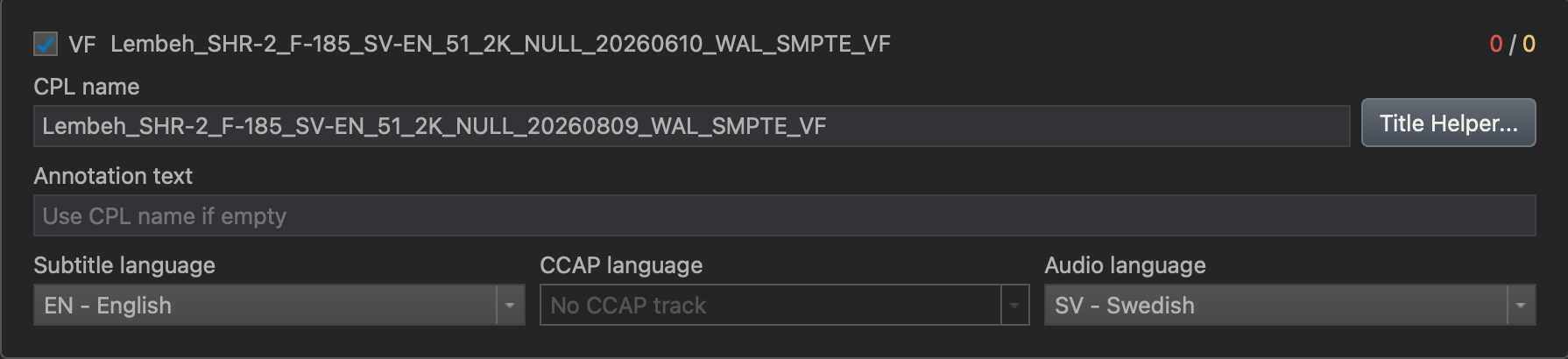 CPL name, annotation text, and language settings in Export Package