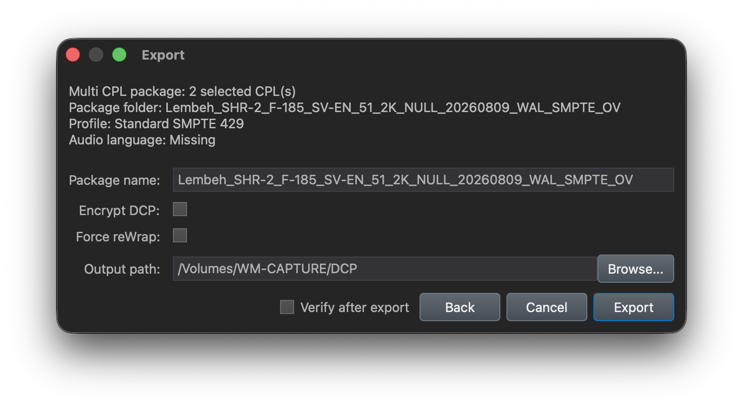 Standard export dialog for a Multi-CPL package in DaCaPo