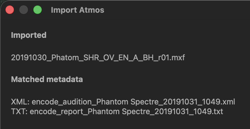 Dolby Atmos import summary in DaCaPo showing the Atmos MXF and detected sidecar metadata