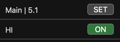 HI track header in DaCaPo showing the SET and ON states