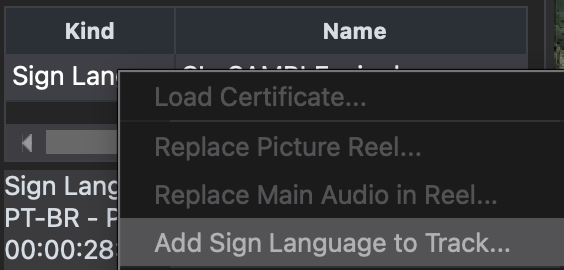 Add Sign Language to Track command in the DaCaPo Media context menu