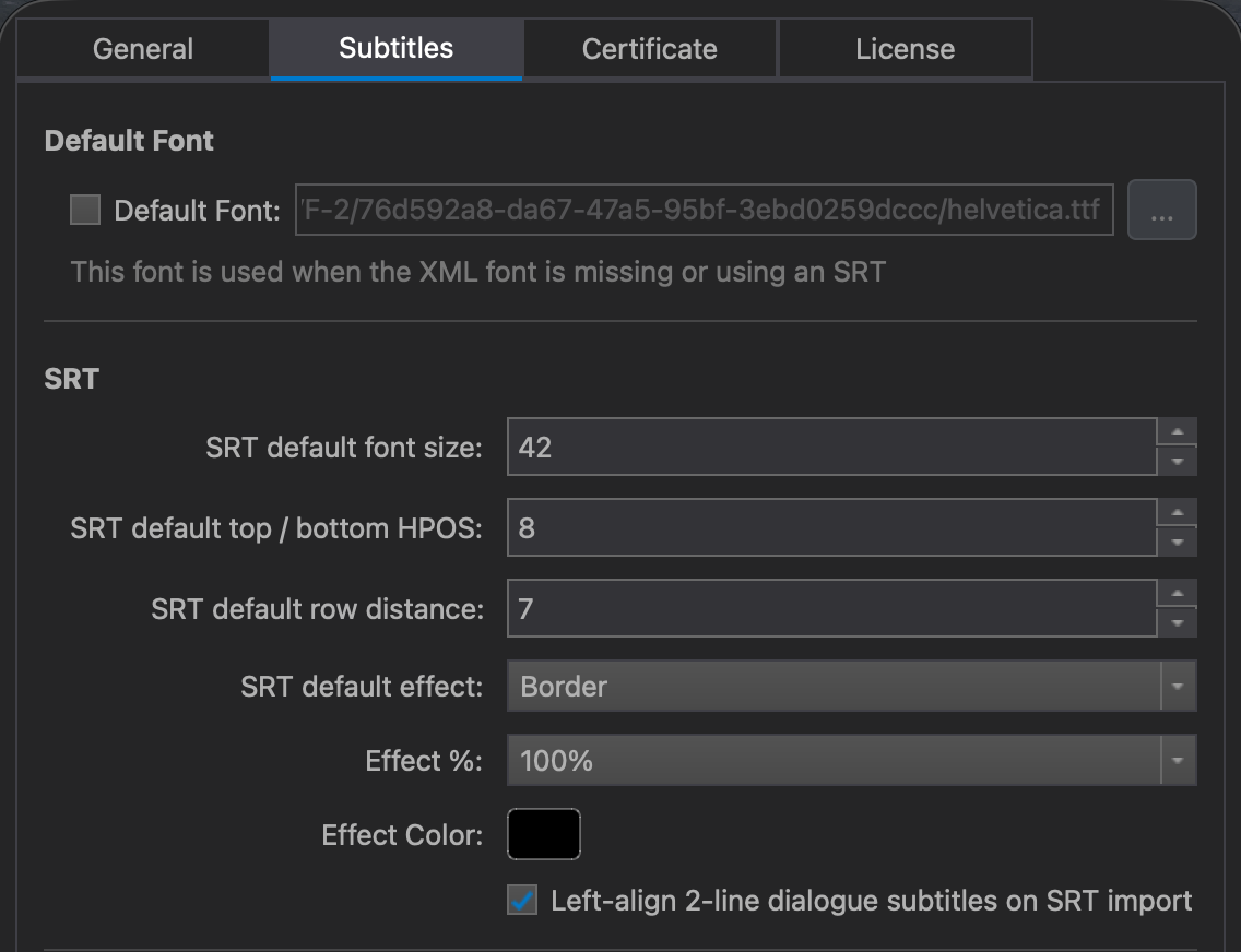 Subtitle Preferences in DaCaPo showing SRT import settings