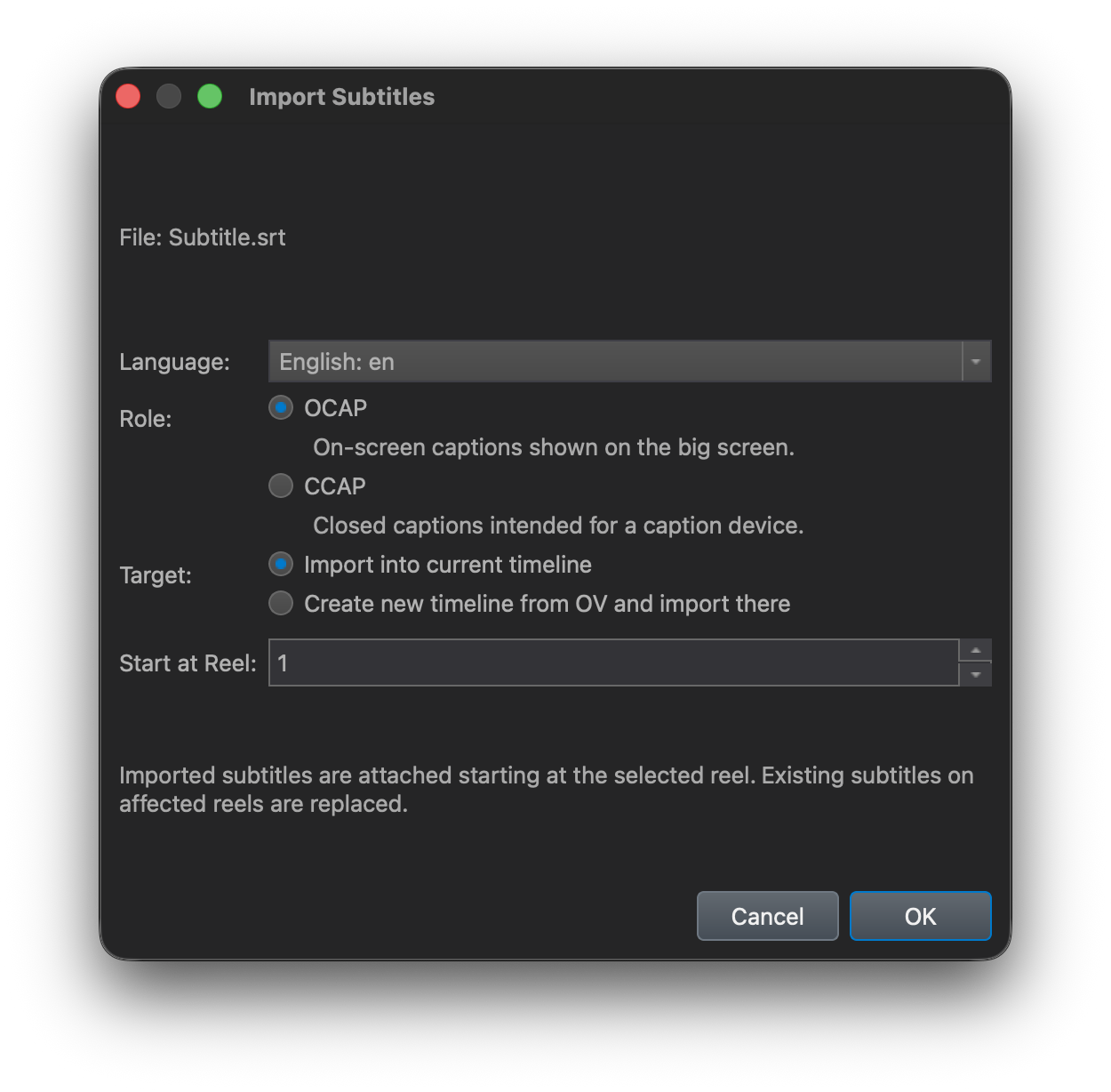 Loading an SRT subtitle file in DaCaPo