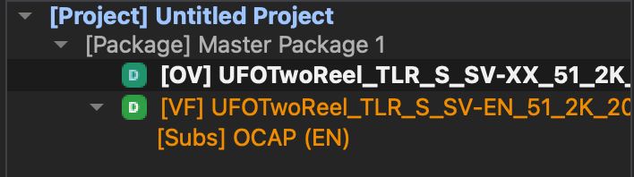 DaCaPo Project Panel showing a package with multiple imported DCP timelines