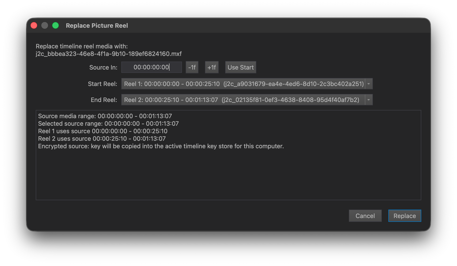 Replace dialog in DaCaPo showing Source TC In, Start Reel, End Reel, preview, and validation