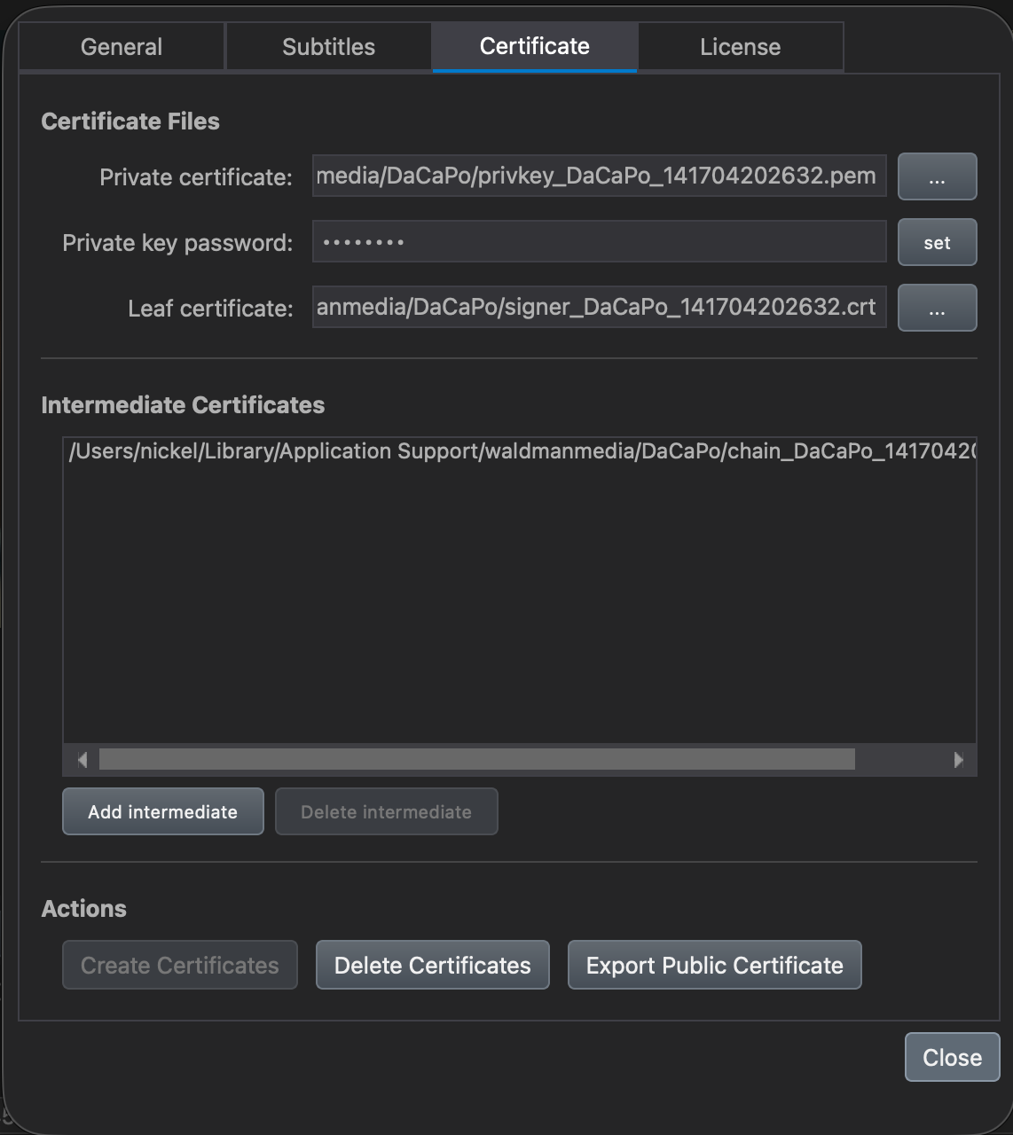 Certificate preferences in DaCaPo with Export Public Certificate