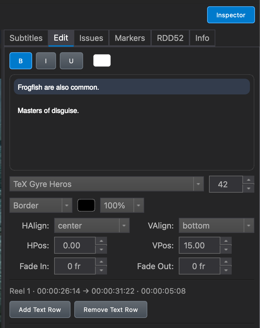 Subtitle Edit tab in DaCaPo showing the selected subtitle as text rows