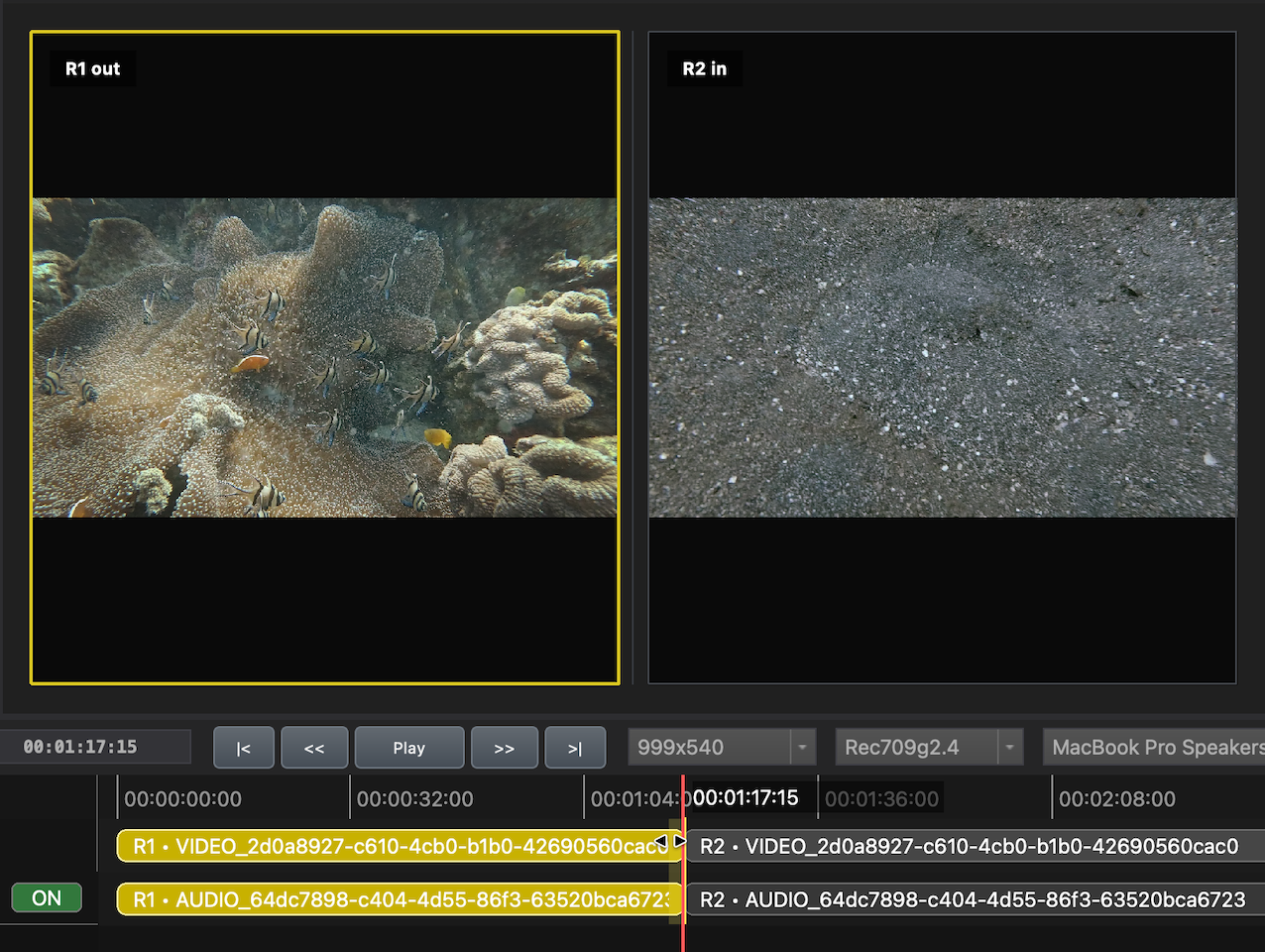 DaCaPo Trim Preview showing outgoing and incoming frames at a reel edit point