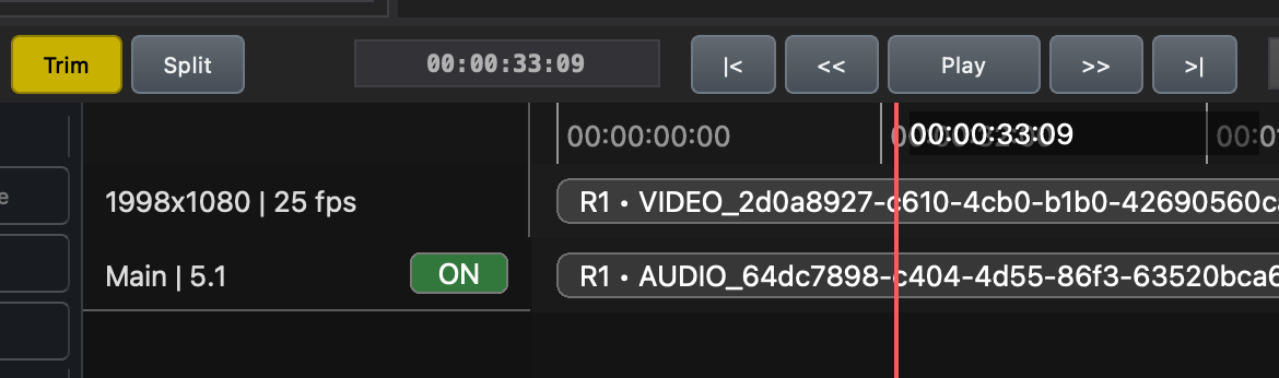 Timeline before splitting a reel at the playhead position in DaCaPo