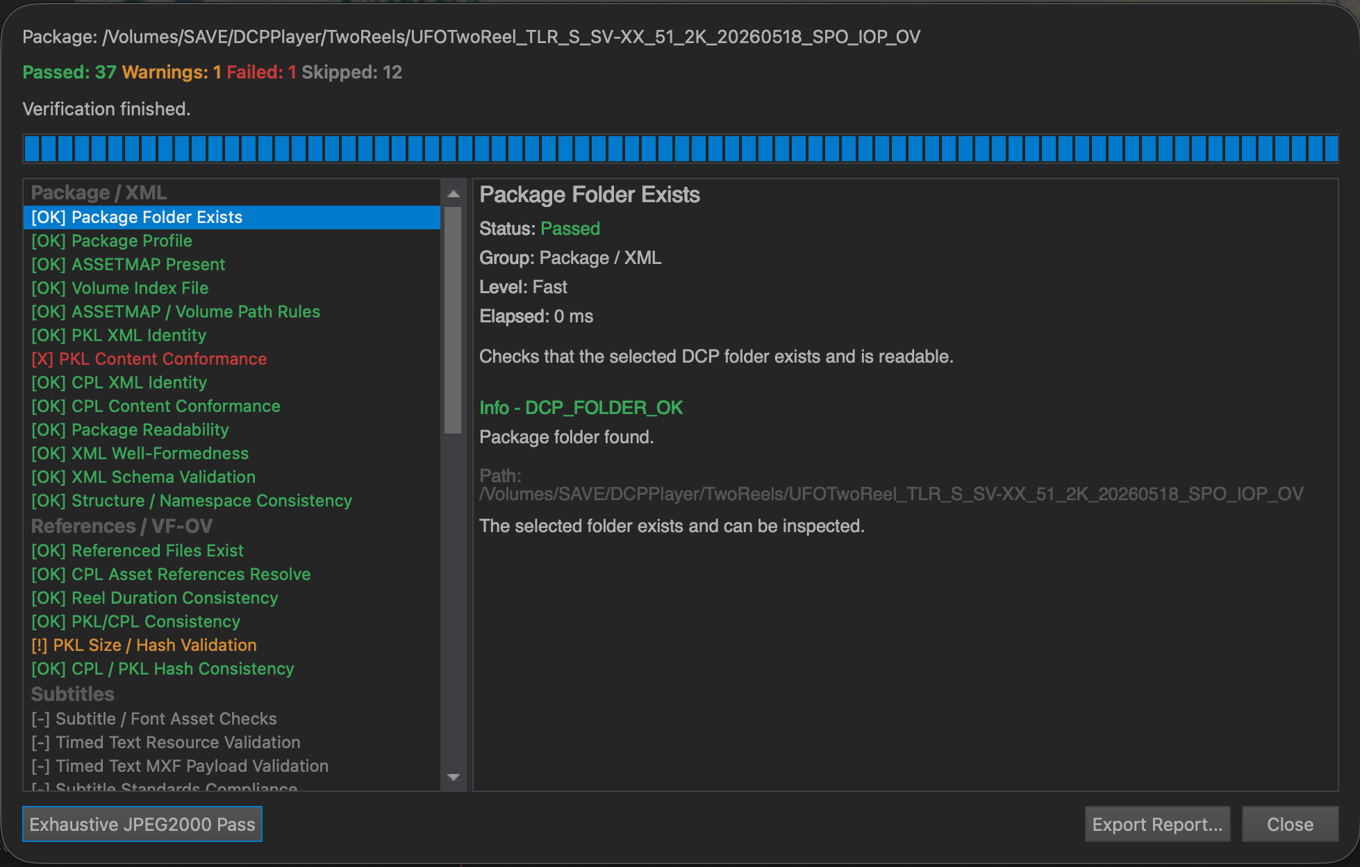 DCP verification results in DaCaPo showing Passed, Warning, Failed, and Skipped tests